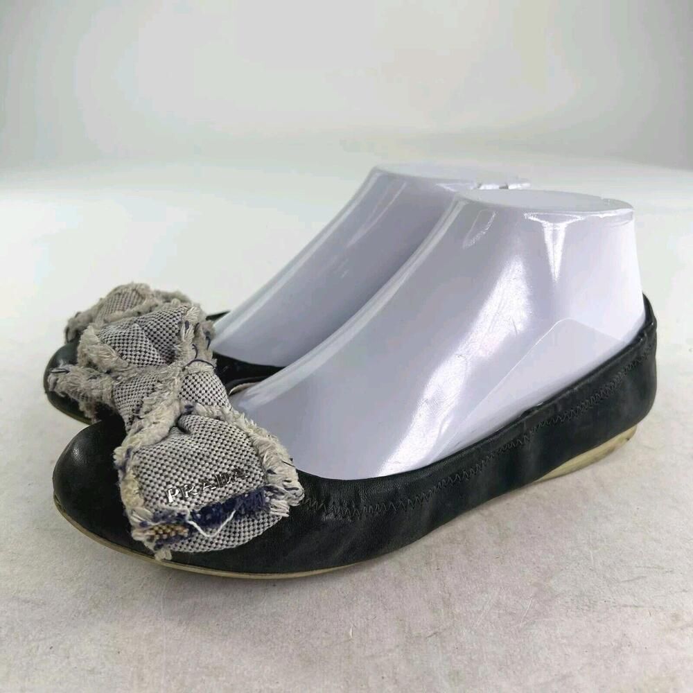 Prada Sport Black Leather Bow Shoes US 6.5 Scrunch Ballet Flat